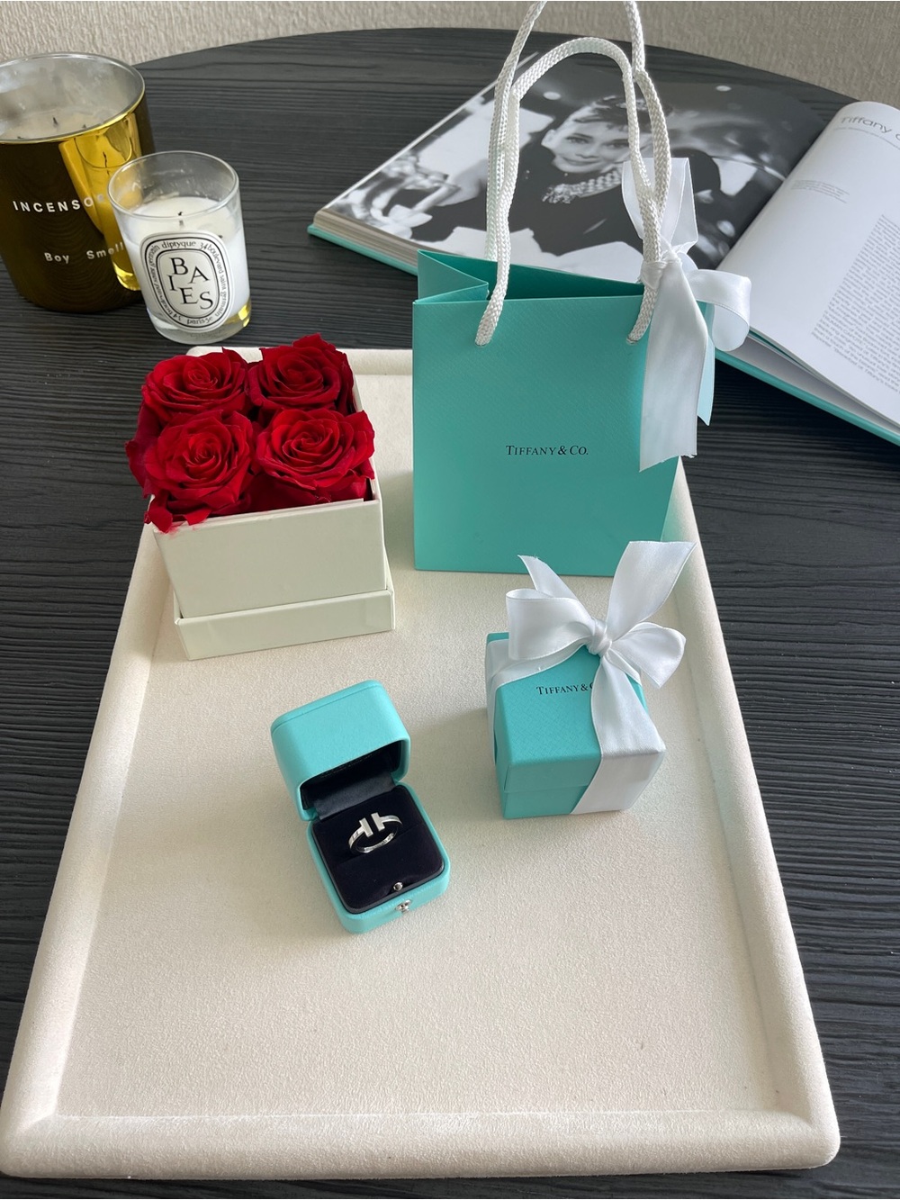 Tiffany & Co. Signature Blue Gift Bag and Ring Box Set with Red Roses
